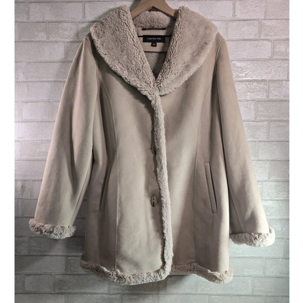 Beige Faux Suede & Fur Lined Jacket Coat Size L Women's Jones New York
